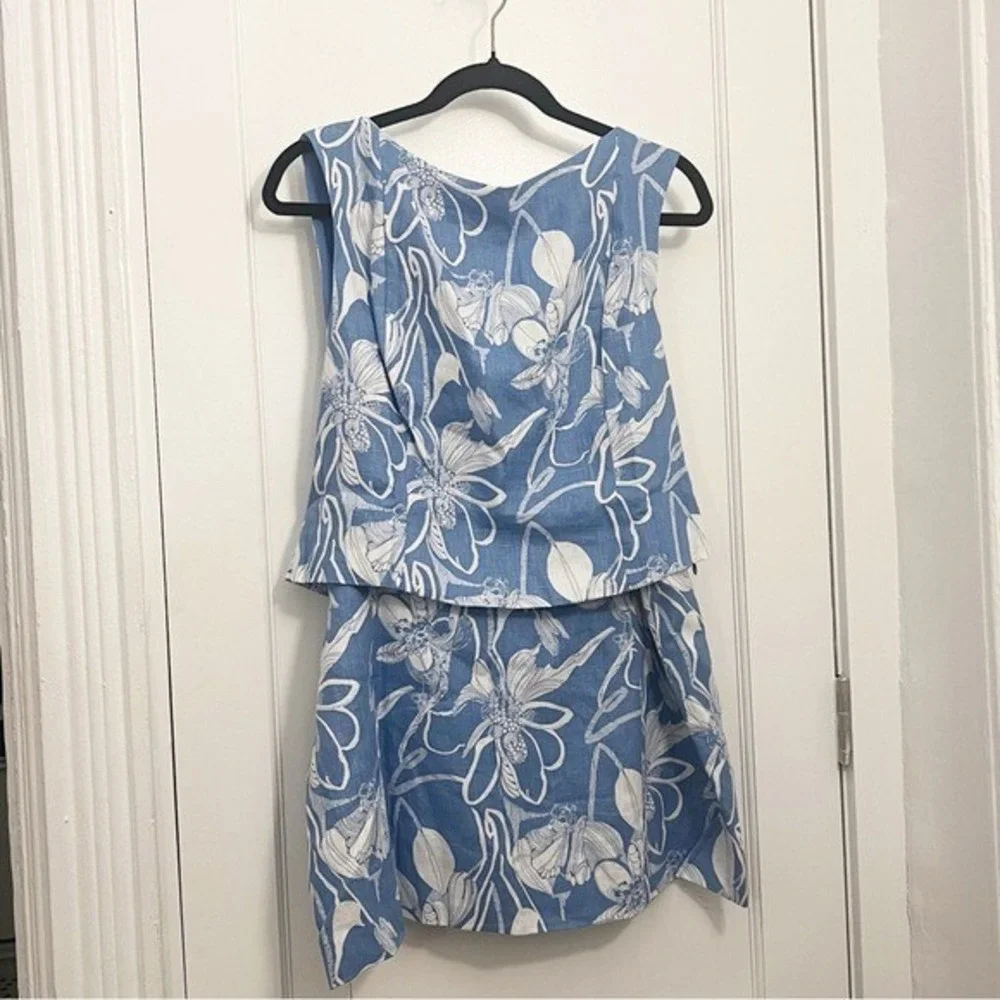 Reformation Blue White Floral Linen Blend Two Piece Set Crop Top Mini Skirt | 12 - Picture 1 of 9